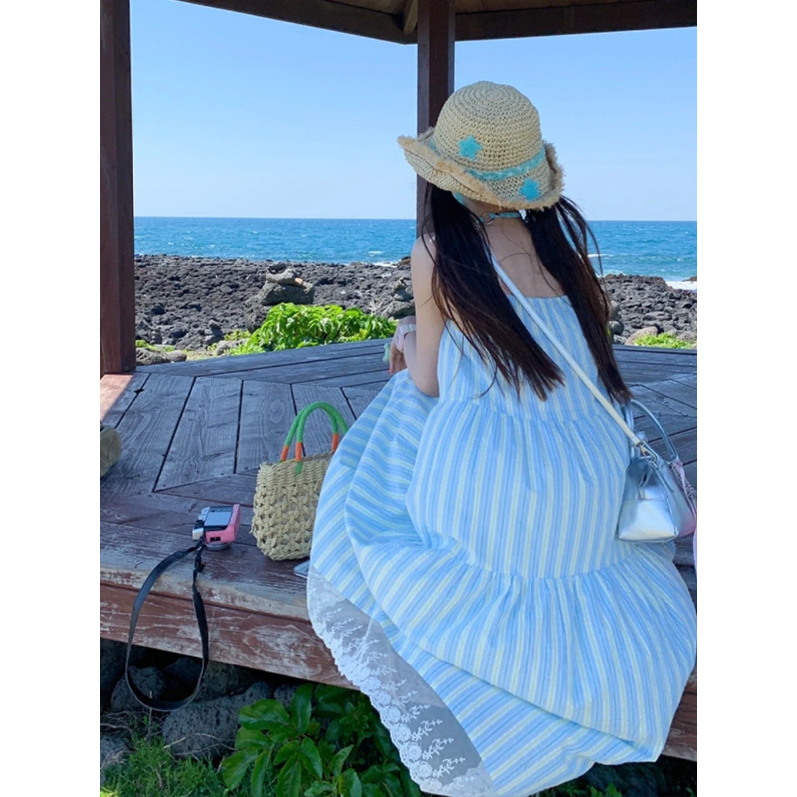 海边度假条纹吊带连衣裙子女2025夏季新款法式气质宽松小个子长裙,淘宝优惠券,粉丝福利购,淘宝优惠卷