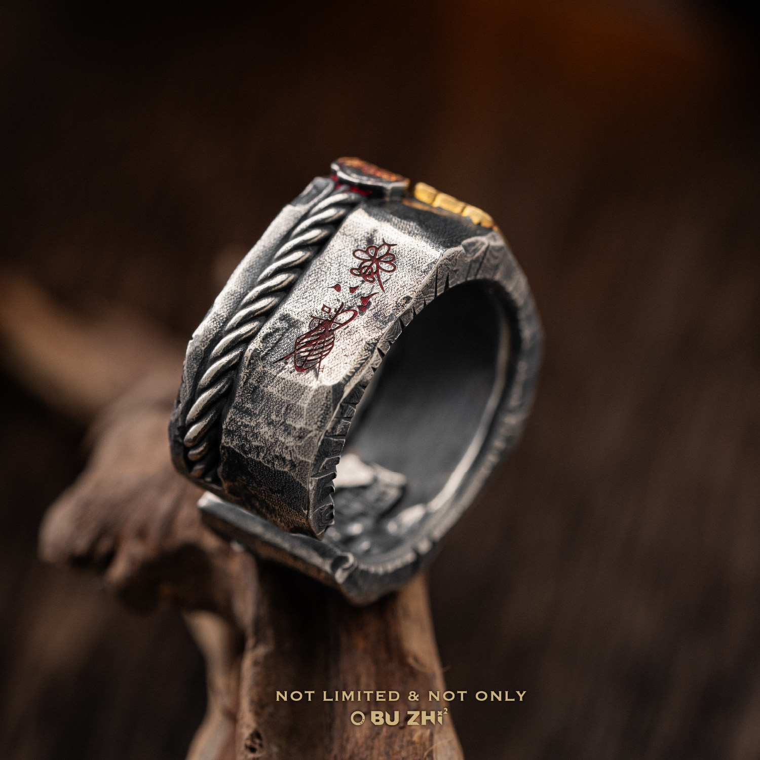 New Guofeng Qianyuan Square Ring 925 Silver 24K Gold Paste