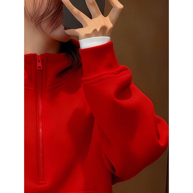 红乔花月~修身显瘦红色半拉链连帽内搭打底衫女秋季高级感长袖T恤,淘宝优惠券,粉丝福利购,淘宝优惠卷