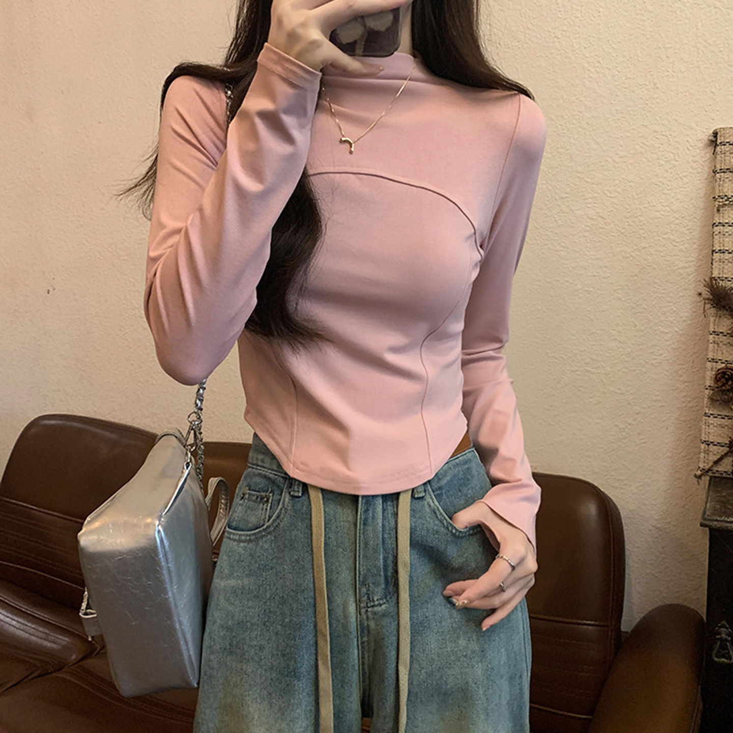 甜欲交织~粉色半高领打底衫女秋冬内搭修身显瘦磨毛长袖T恤短上衣,淘宝优惠券,粉丝福利购,淘宝优惠卷