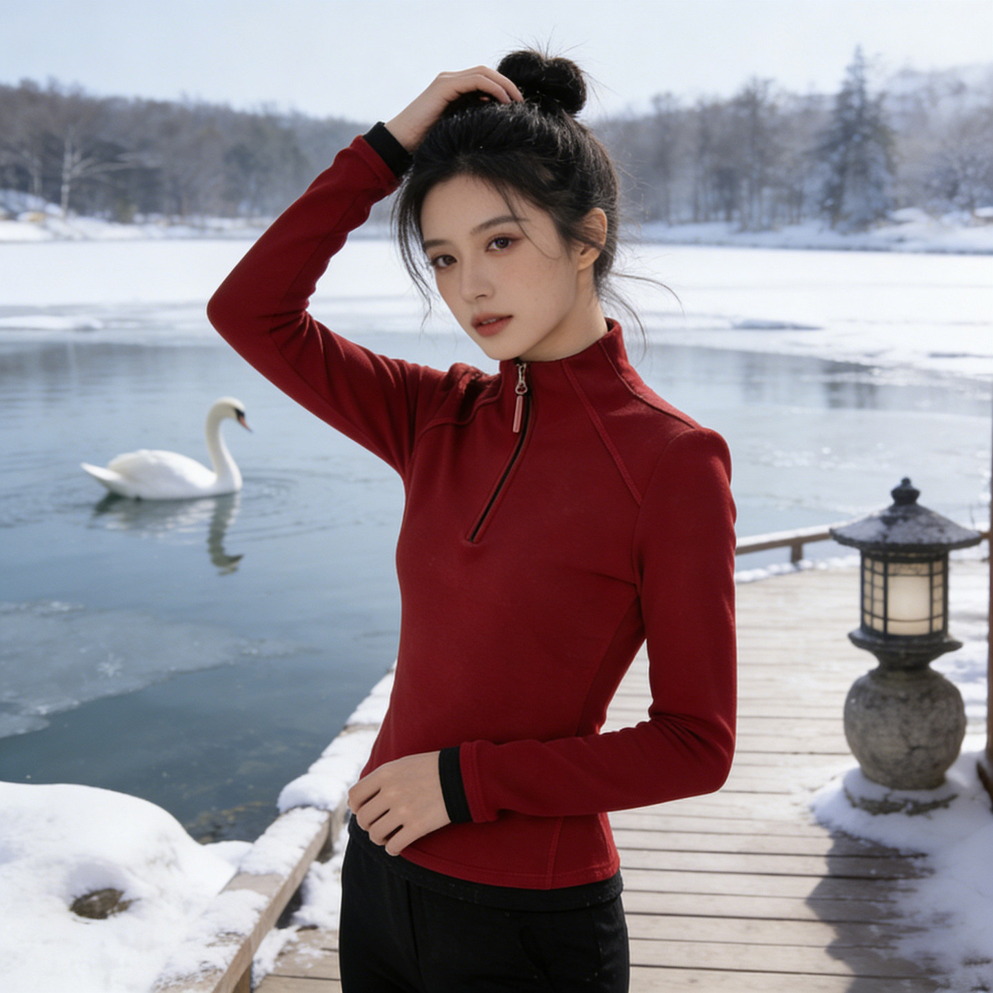 洋气柔绒~气质红色半高领内搭上衣半拉链长袖女装修身德绒打底衫,淘宝优惠券,粉丝福利购,淘宝优惠卷