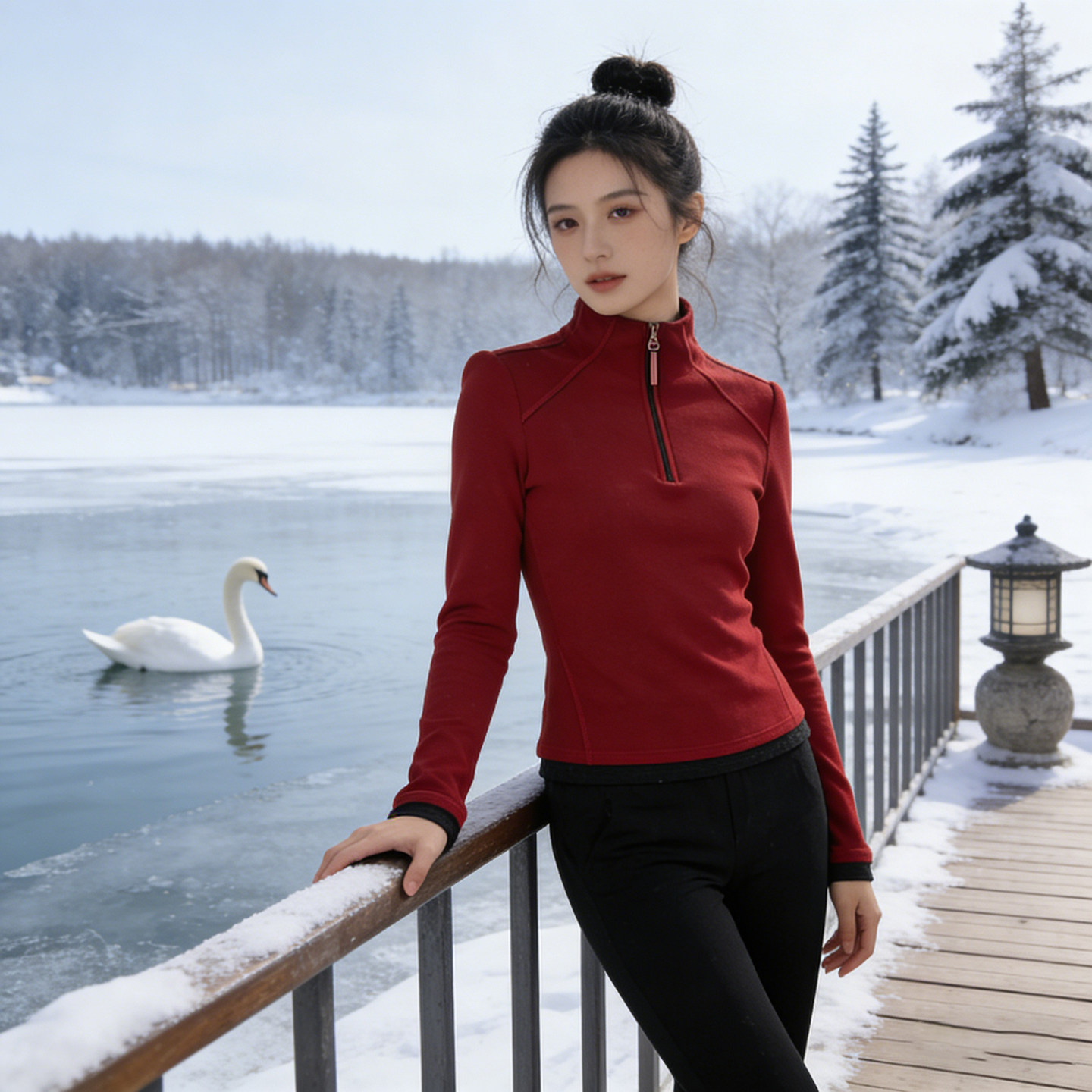 洋气柔绒~气质红色半高领内搭上衣半拉链长袖女装修身德绒打底衫,淘宝优惠券,粉丝福利购,淘宝优惠卷