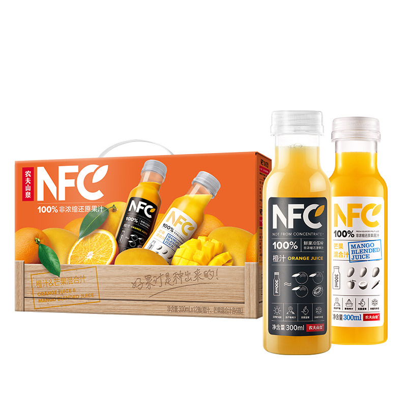 农夫山泉100%橙汁芒果汁NFC非浓缩还原压榨果汁饮料整箱装300ml渠