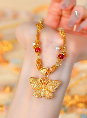 批发黄金色沙金蝴蝶吊坠项链时尚原创毛衣链项链绳网络热销新爆款