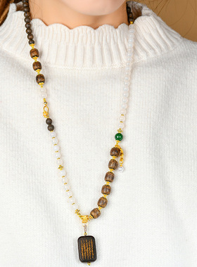 蚂蚁沉香木白玛瑙盘串项链 五条经文吊坠佛珠新饰品毛衣项链