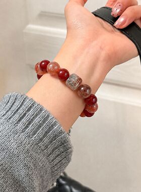 【红运当头】红胶花天然水晶手串时尚百搭黑金超七红玛瑙水晶手串