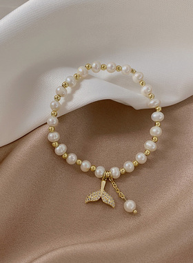 淡水珍珠微镶锆石鱼尾手链女冷淡风小众设计鱼尾手串闺蜜森系ins