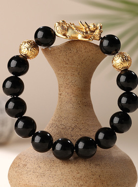 天然黑曜石沙金貔貅手链金钱珠时尚男女情侣手串铜镀皮休爆款批发