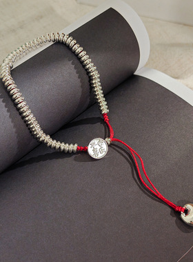 新中式复古平安喜乐盘缠红绳手链 国风百搭设计感ins风气质手饰女