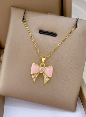 【钛钢】滴油蝴蝶结轻奢气质华丽满钻项链女百搭锁骨链钛钢链条