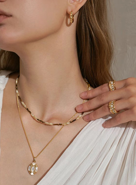 美拉德虎眼石米粒贝壳项链女夏季小众气质网红贝母虎眼石串珠项链