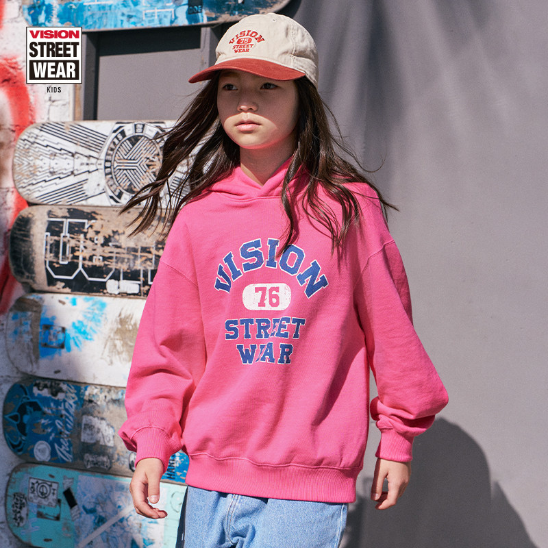 VISION童装 美式复古宽松撞色印花运动连帽卫衣秋冬男女儿童 - 图1
