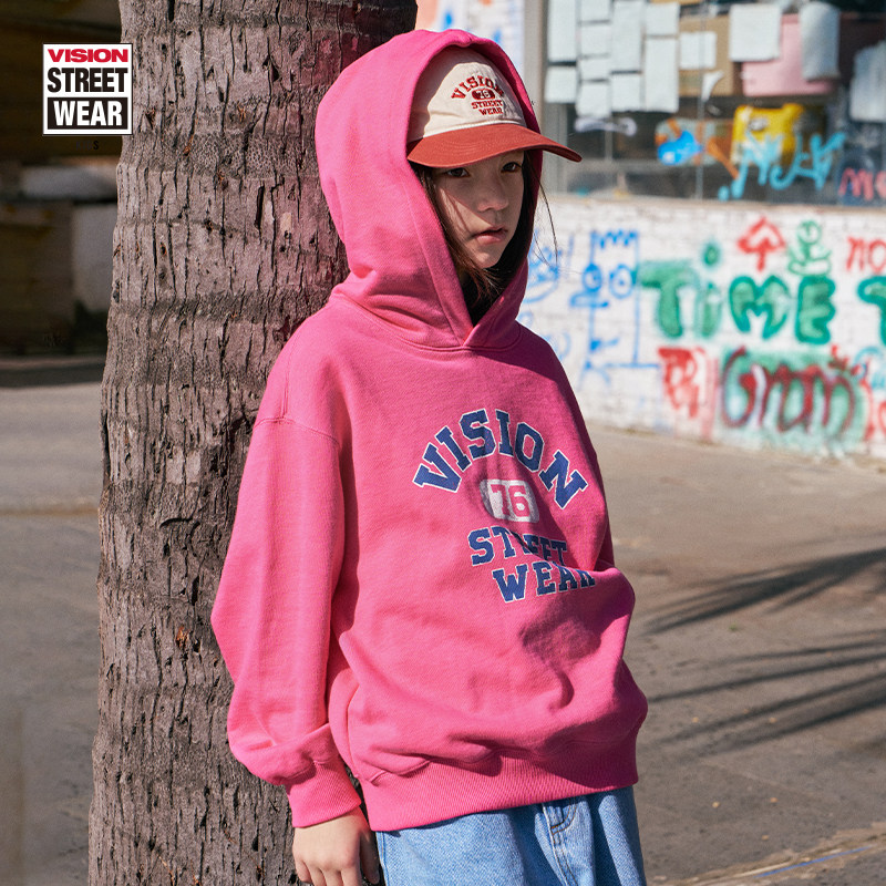 VISION童装 美式复古宽松撞色印花运动连帽卫衣秋冬男女儿童 - 图3