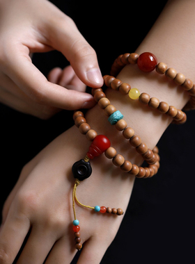 老山檀香木佛珠手串女士念珠手链