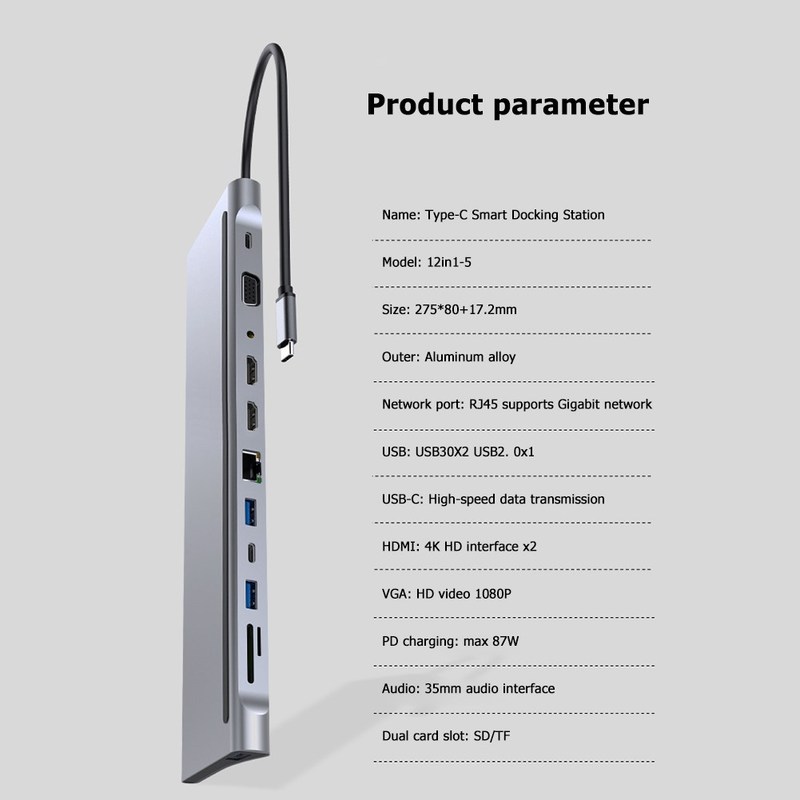 12 in 1 Type C HUB 2 USB3.0 USB2.0 2 HDMI VGA RJ45 USB C PD - 图2