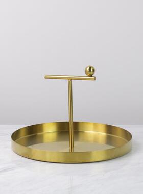 现代轻奢金色金属托盘摆件样板间软装饰品客厅茶几酒店水杯收纳盘