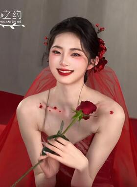 红色婚纱头纱单层素纱新