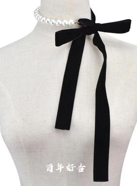 欧美夸张时尚珍珠项圈可调节缎带项链气质新娘蝴蝶结颈链礼服配饰