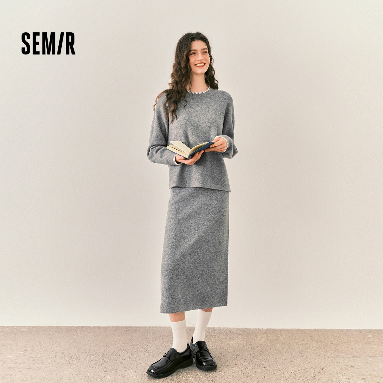 商场同款|森柔森马套装女冬撞色开叉毛衣直筒长裙2025新款两件套 - 图0