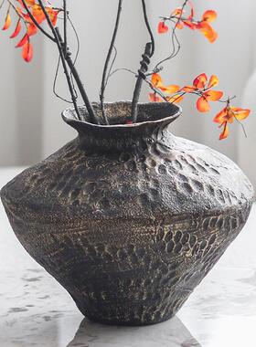 侘寂风复古大肚斑驳花器摆件样板房酒店民宿干花艺术花瓶软装饰品