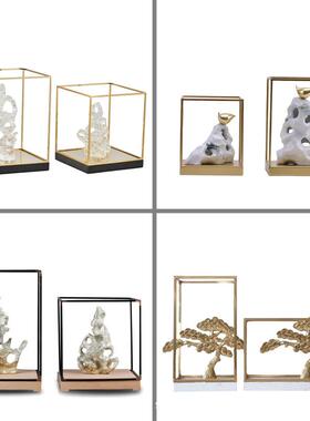 新中式禅意铜迎客松假山摆件酒店大堂金属边框架客厅办公室装饰品