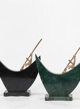 现代轻奢划船人物雕塑装饰新中式样板房间客厅茶几餐桌大理石摆件