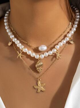 Beach Starfish Shell Vintage Beaded Necklace