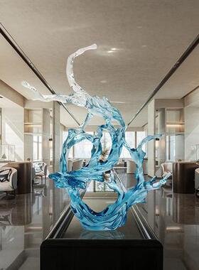 酒店大堂轻奢高档透明树脂浪花落地雕塑客厅电视柜艺术软装饰摆件