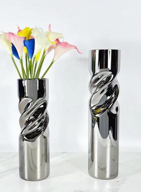 现代简约玻璃花瓶摆件居家样板间客厅茶几玄关柜银色餐厅插花花器
