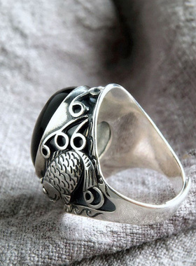 新款复古做旧黑色曜石戒指男锦鲤