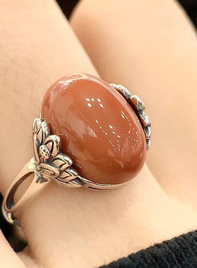 天然南红玛瑙花卉蛋面戒指