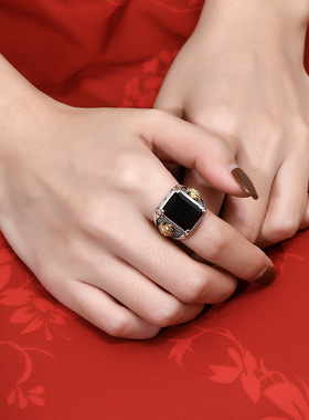 复古小众男士貔貅黑玛瑙食指戒黑色锆石活口戒指女厂家
