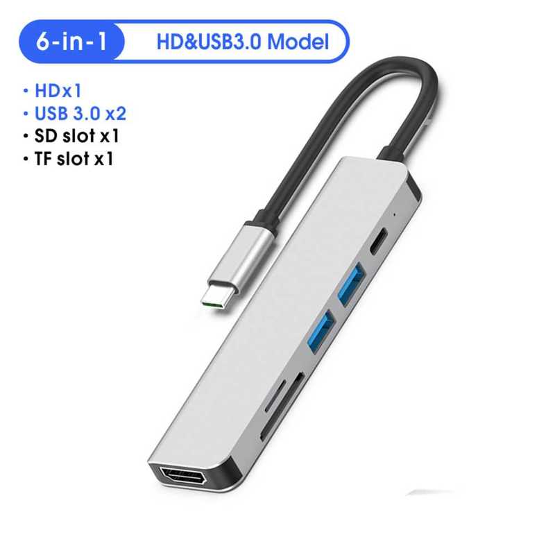 USB C HUB dpter 6 in 1 USB C to USB 3.0 HI TF SD Memory - 图0