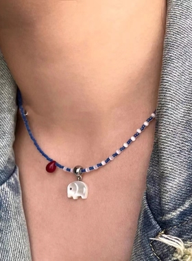 蓝白色串珠项链高颜值小清新