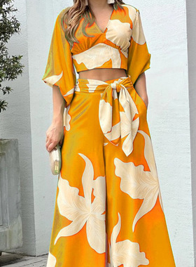 Autumn new V-neck lantern sleeve short top two-piece set