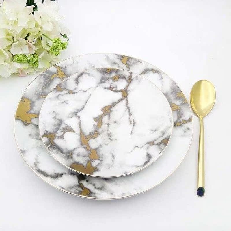 Ceramic Plate Gold Dish Marble Tray Dinner Plate Set Round - 图1