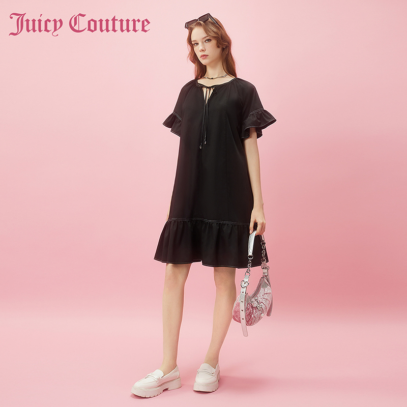 Juicy Couture橘滋2024新款长夜颂歌金属牌荷叶袖连衣裙 - 图2