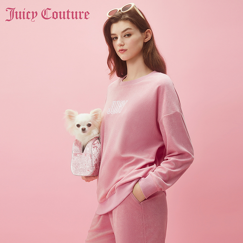 Juicy Couture橘滋2024早春穿搭新款草莓刺绣圆领毛巾布女式卫衣