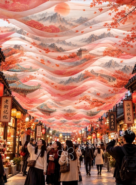 中式国风天幕纱幔文旅街区上空