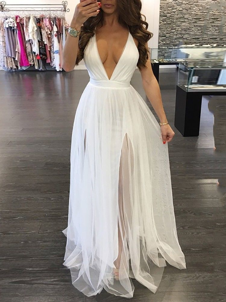 V-neck sleeveless strapless long dress V领无袖吊带连衣长裙-图1