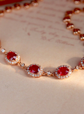 帕诗韵S925纯银爱心鸽血红宝石手链法式复古轻奢个性时尚百搭女