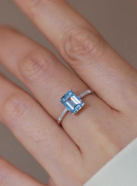 帕诗韵s925纯银镶嵌方糖海蓝宝戒指女个性轻奢百搭小众设计感指环