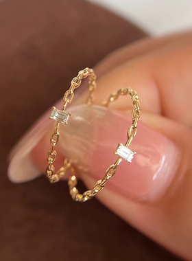 帕诗韵轻奢ins叠戴极简链条方钻戒指女s925纯银镀18K金小众设计感