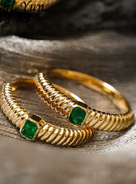 帕诗韵法式极简宫廷风镶嵌绿色方钻风琴戒指复古文艺聚会百搭饰品