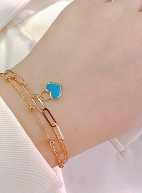 帕诗韵S925纯银蓝色爱心手链法式轻奢复古爱心链条时尚日常百搭女