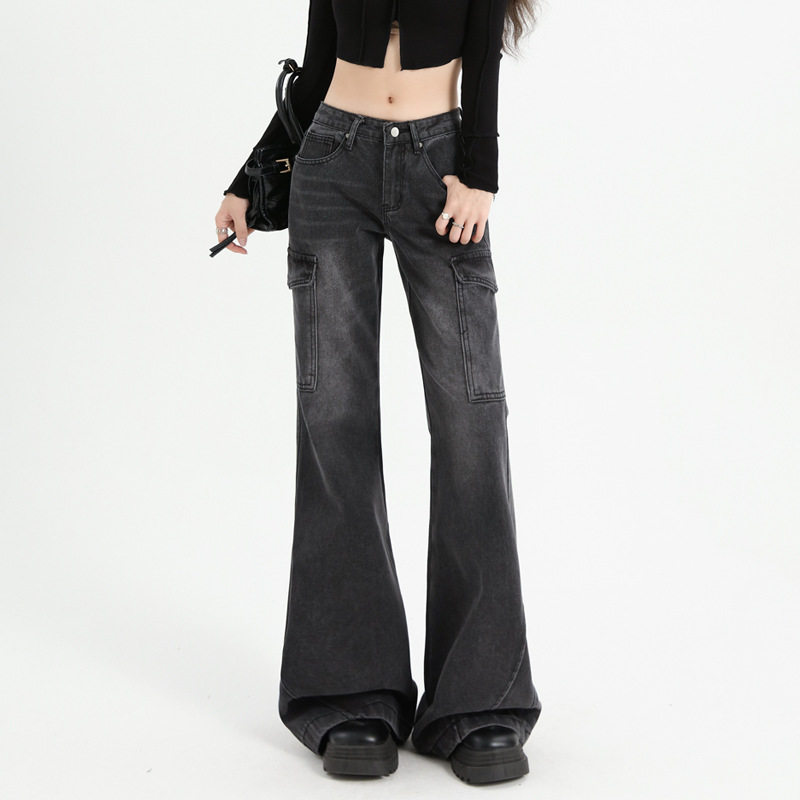 美式黑灰工装牛仔裤女秋冬新款宽松多口袋显瘦直筒休闲微喇裤黑色,淘宝优惠券,粉丝福利购,淘宝优惠卷