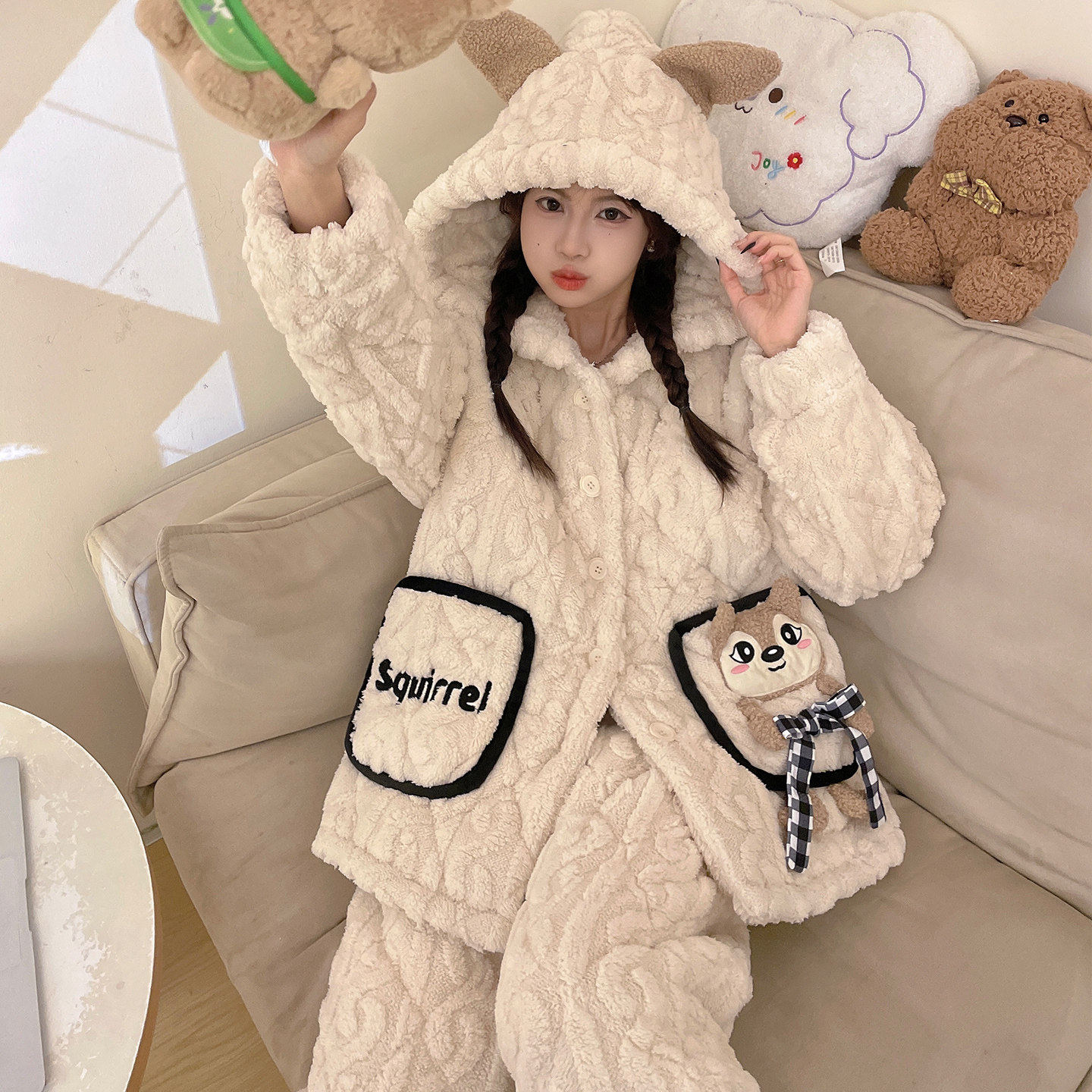 秋冬款睡衣女士三层夹棉加绒加厚冬季天保暖珊瑚绒卡通可爱家居服,淘宝优惠券,粉丝福利购,淘宝优惠卷