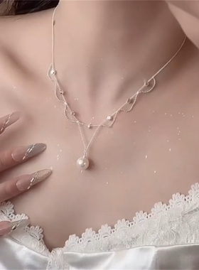 法式蕾丝珍珠吊坠项链女