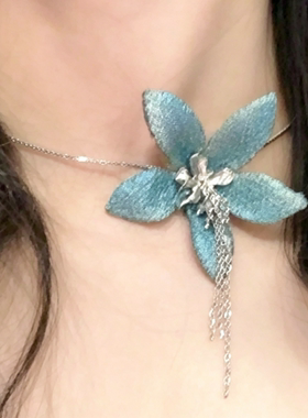 海边度假风复古蓝色花朵项链女