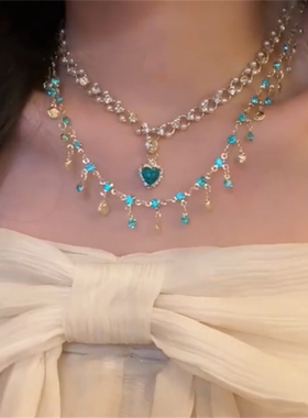 双层蓝色爱心贝壳流苏项链女